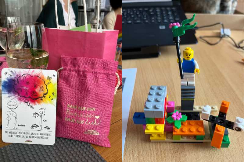 Legofigur, Karte, rosa Säckchen